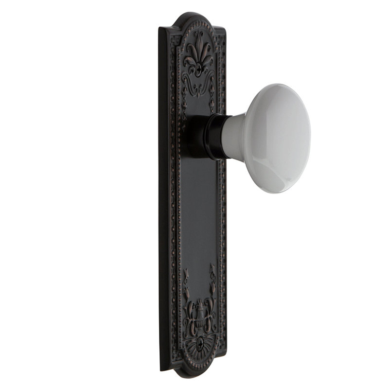 Plaque Meadows avec bouton de porte en porcelaine blanche, Laiton non laqué, No Backset, Faux bouton simple