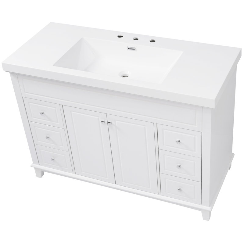 Meuble-lavabo 48 po avec lavabo en résine, tiroirs et portes à fermeture en douceur, pieds en pin massif