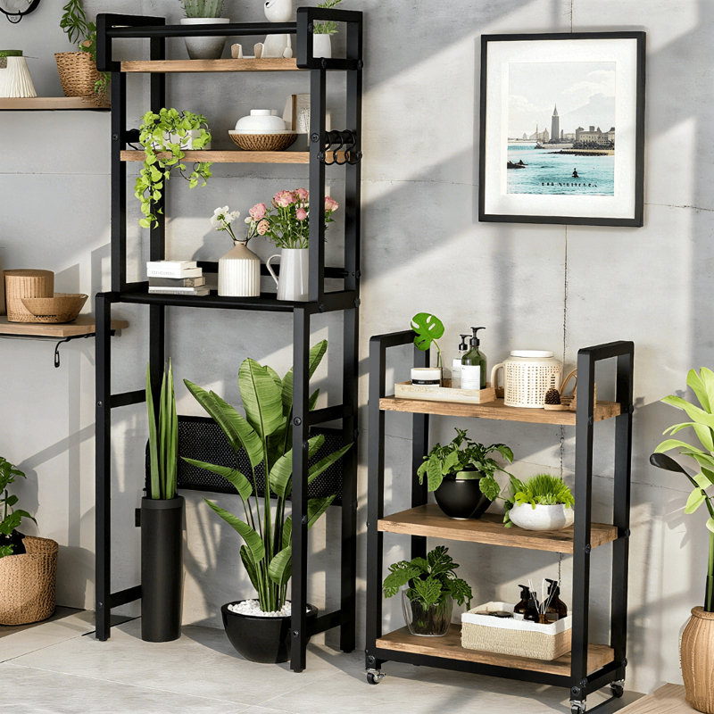 6-Tier Over The Toilet Shelf With Storage Cart, Farmhouse Bathroom Organizer Rack With 6 Hooks, Freestanding Space-Saving Toilet Shelf Rack For Bathroom, Bedroom, Kitchen, Laundry