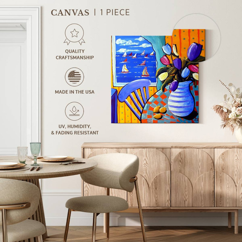 Chaise bleue Harnek et tulipes