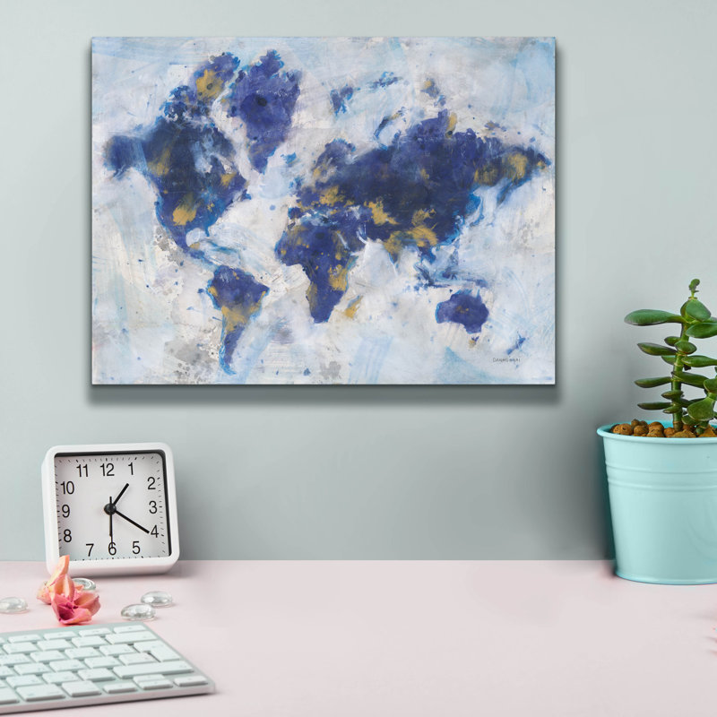 Wrought Studio 'Indigo World Map' by Danhui Nai Canvas Wall Art, H 12 po x l 16 po