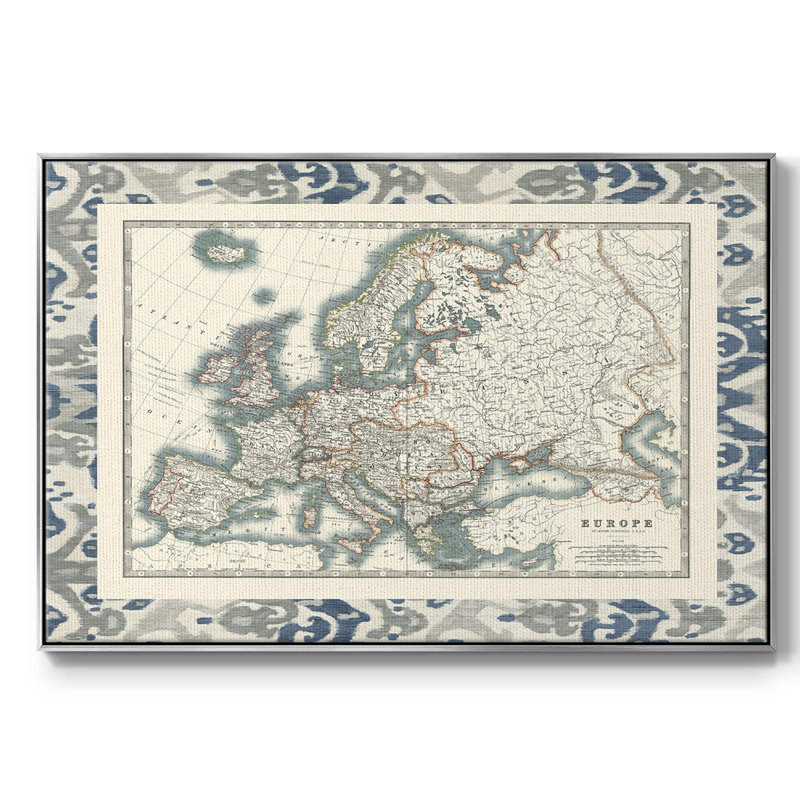 Bordé carte de l'Europe, peinture sur toile encadrée, H 27 po x l 41 po x P 2 po, Encadrement argenté
