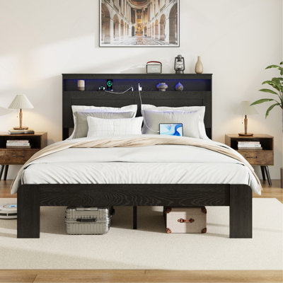 Bed Frame King Size, Wood Platform Bed Frame With Storage LED Lights Headboard And 2 USB, Noise Free