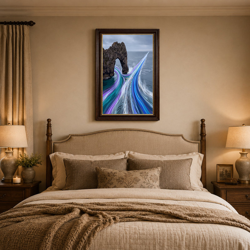 «Rock Arch Over Ocean» avec toile tourbillonnante de vagues bleues et mauves, H 12 po x l 18 po