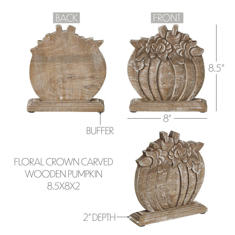 Couronne florale sculptée en bois citrouille 8,5 x 8 x 2