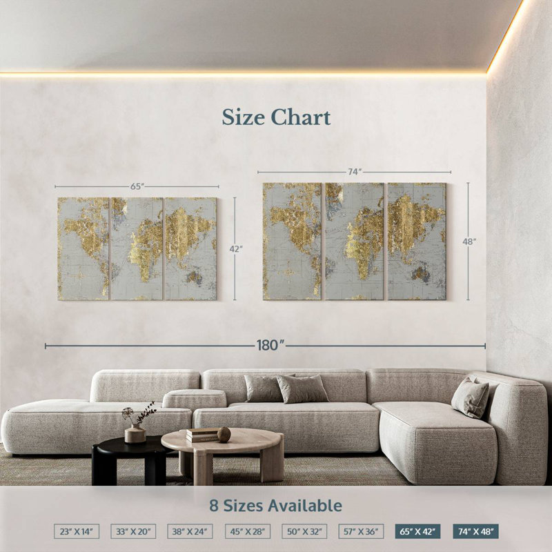 Aliaz Gilded Map Light Gray, 42" H x 65" W