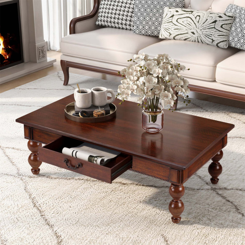 Table basse rectangulaire en bois avec tiroir de rangement, table de cocktail rétro avec pieds en bois massif en forme de gourde pour le salon, assemblage sans outils (noyer)