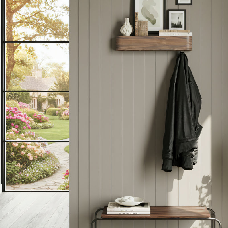 Portemanteau mural en placage de noyer, design moderne, avec crochets cachés, solution de rangement pour les entrées et les chambres à coucher, brun.