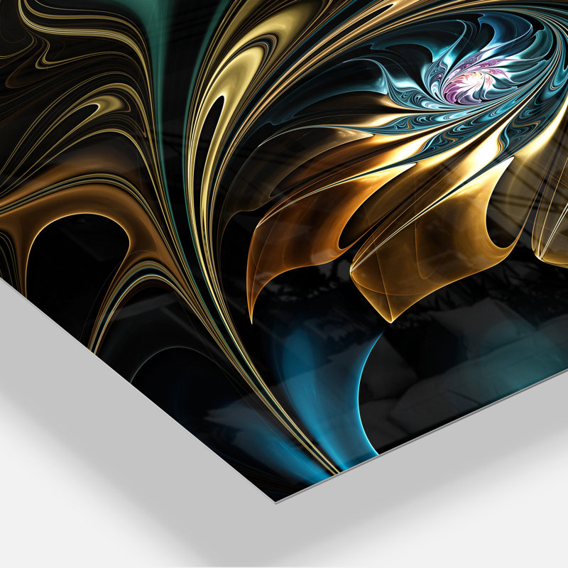 Fleur noire dorée moderne - art mural fleur fractale, impression avec fleur noire, H 40 po x l 30 po, Métal