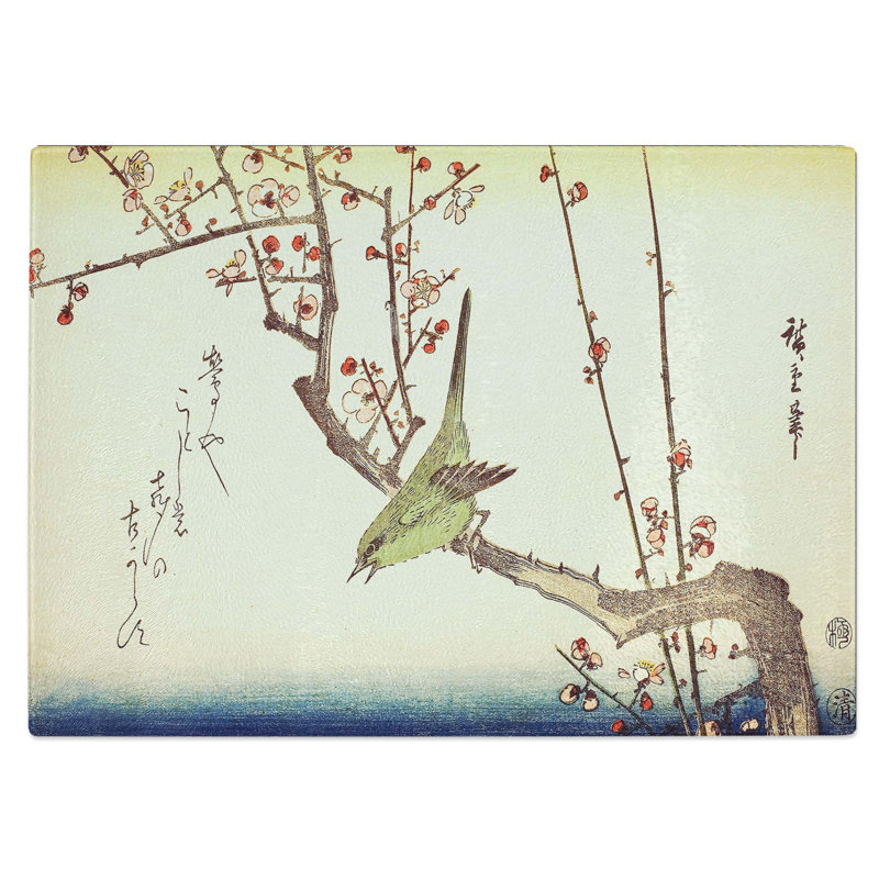 Tempered Glass Bush Warbler on a Plum Blossom Chopping Board, 39 cm W x 28.5 cm L