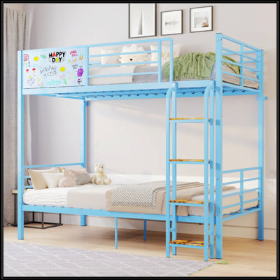 Lit superposé convertible en métal pour adultes et enfants, structure robuste avec garde-corps pleine grandeur et échelle, sans sommier tapissier, bleu