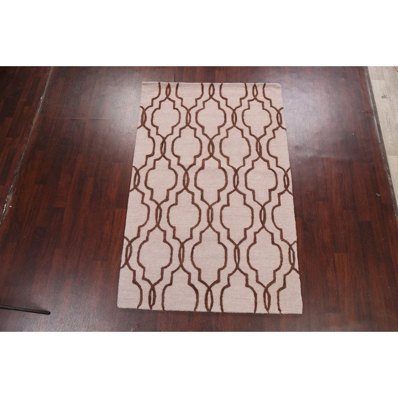 Tapis beige / brun en laine touffeté à la main à motif géométrique, Rectangle de 5 pi x 8 pi