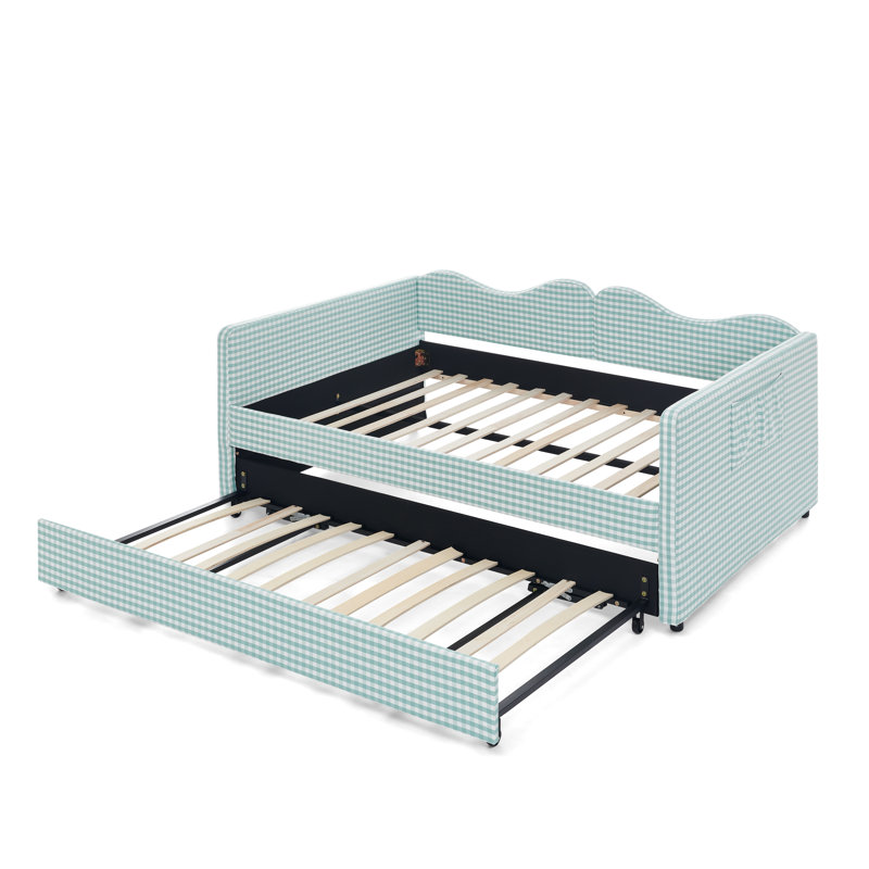 Lit de jour double, lit de jour rembourré en vichy équipé d'un cadre de lit gigogne escamotable et d'une poche de rangement latérale, canapé-lit multifonctionnel en bois massif pour chambre d'enfant et chambre d'amis - Cyan
