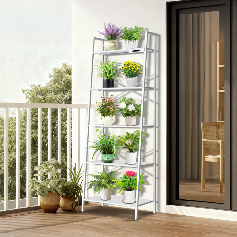 5-Tier Metal Ladder Bookcase with Lighting, White