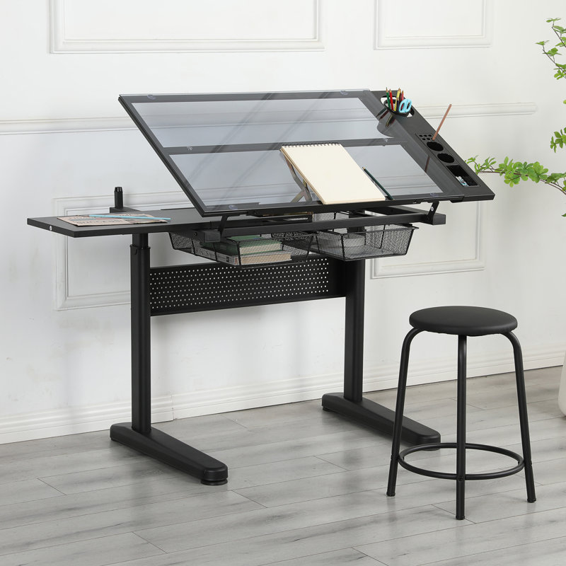 Hand Crank Adjustable Drafting Table Drawing Desk With 2 Metal Drawers WITH STOOL, Black