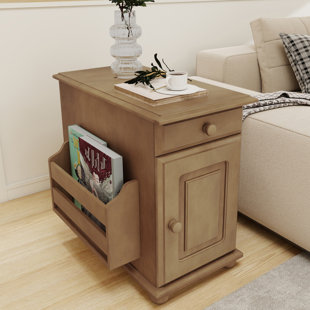 End Table With Charging Station,Wood End Table With Drawer For Living Room,Built-In Cup Holders & Magazine Holder,Couch Sidetable With Storage,Vintage Nightstand