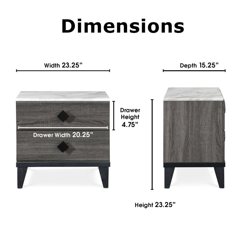 Micah Gray and White 2-Drawer Modern Nightstand with Marble Top