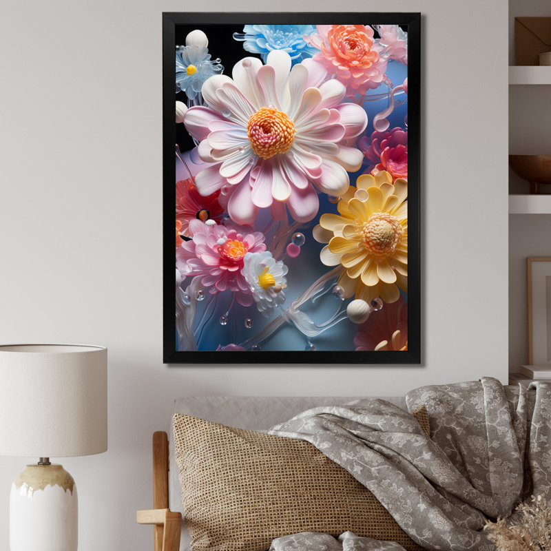Rose, jaune, abstrait, natures mortes - impression, Cadre simple noir, H 40 po x l 30 po x P 1,5 po