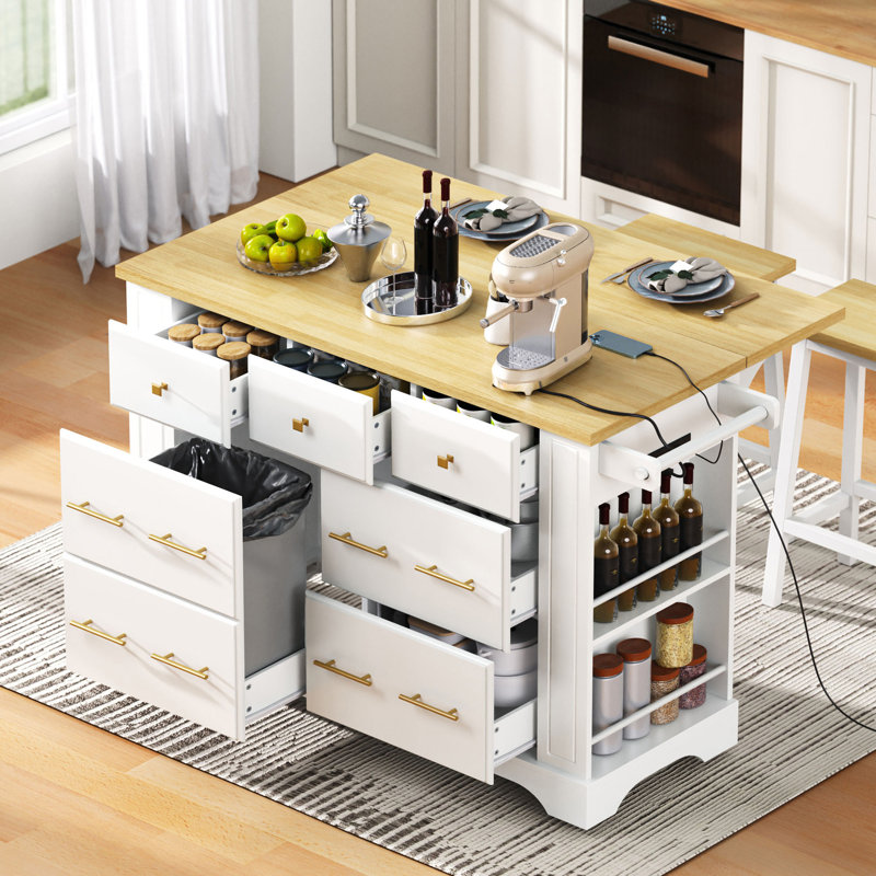 Îlot de cuisine avec 6 tiroirs K&K, rangement pour poubelle escamotable, îlot de cuisine sur roulettes avec abattant, prise de courant, 5 tablettes latérales ouvertes pour la cuisine, la salle à manger