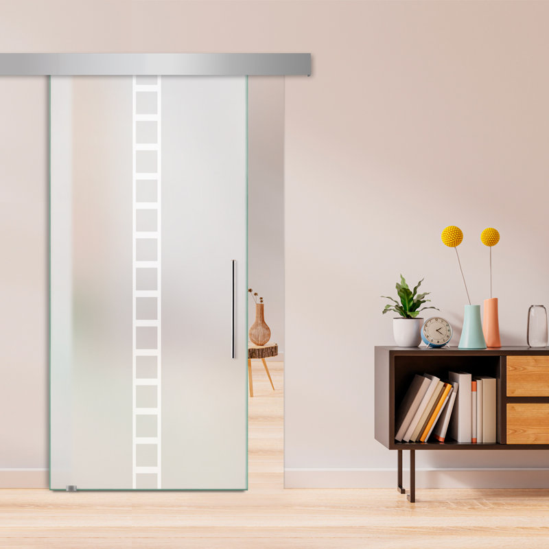 Porte de grange coulissante en verre sans cadre avec design moderne givré + ensemble de quincaillerie (double-privé)