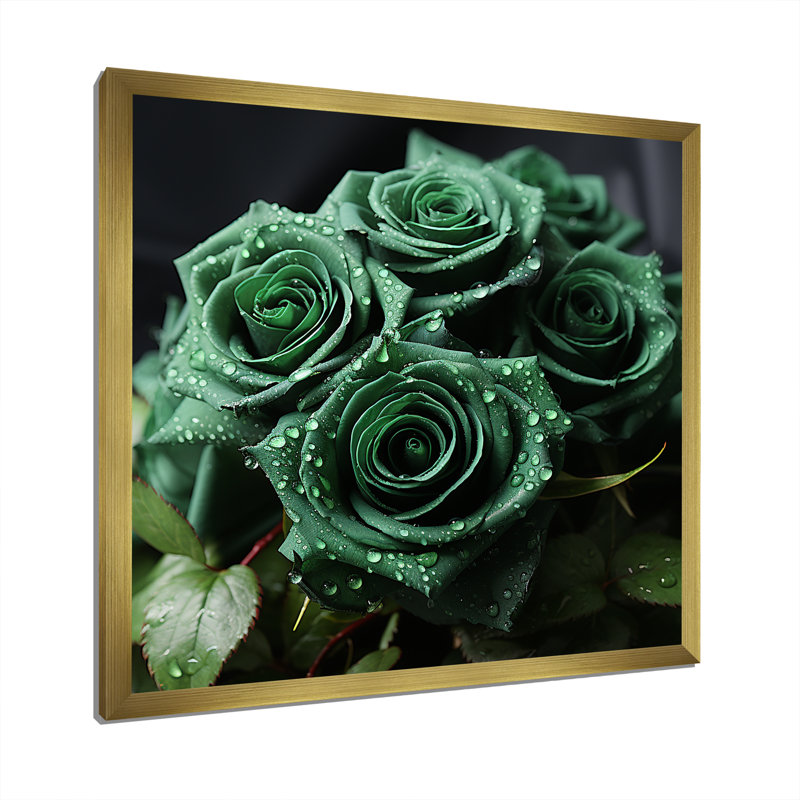 Realistic Green Roses Bloom, Gold Single Picture Framed, 24" H x 24" W x 1" D
