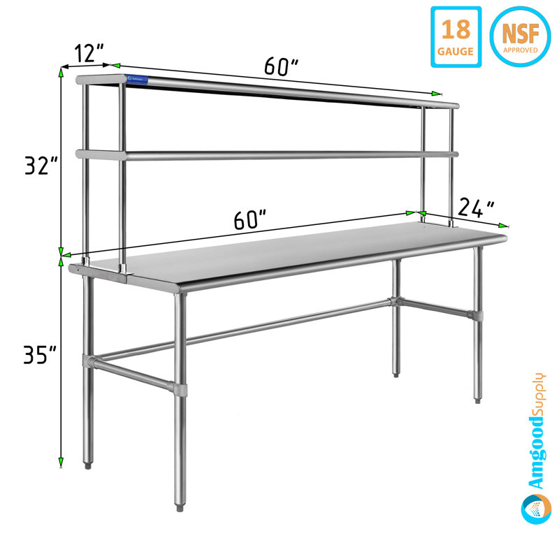 Table ouverte en acier inoxydable avec tablette à deux niveaux, H 67 po x l 60 po x P 24 po