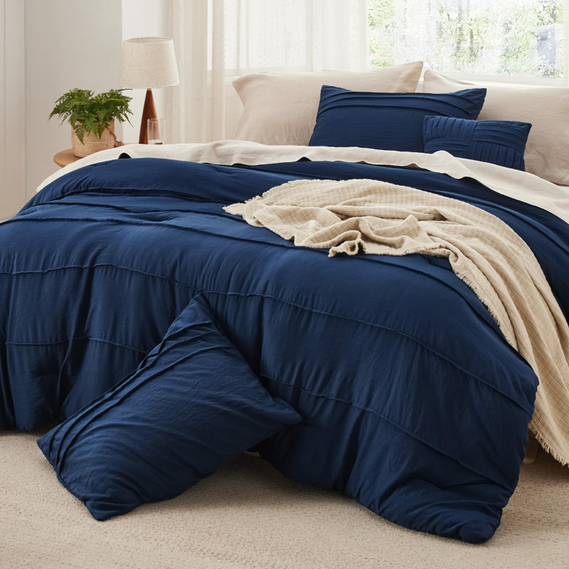 Ensemble d'édredon plissé en microfibre pré-lavé Best vendeur - 89GSM, Édredon très grand et 3 pièces supplémentaires, Marine