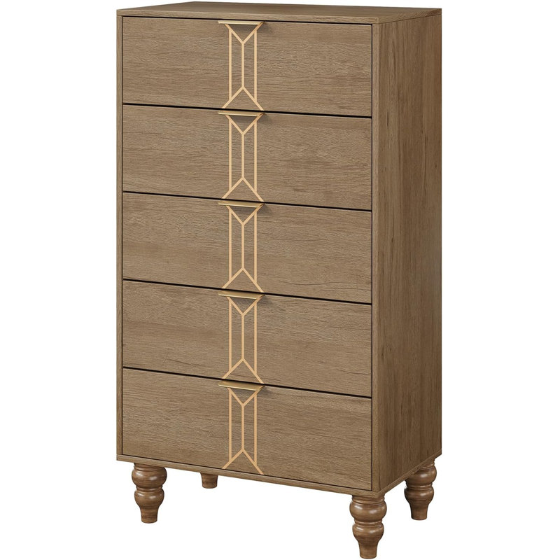 Commode haute 5 tiroirs moderne en bois avec tiroirs profonds, Brun