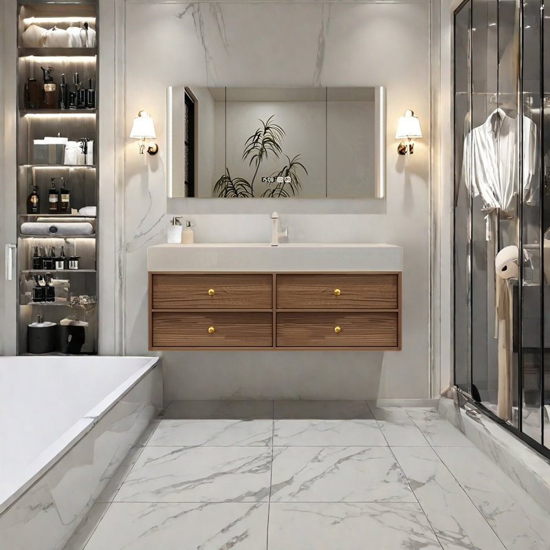 Middle ancient style intelligent bathroom cabinet, H 21,65 po x l 47,24 po x P 21,65 po, Burlywood