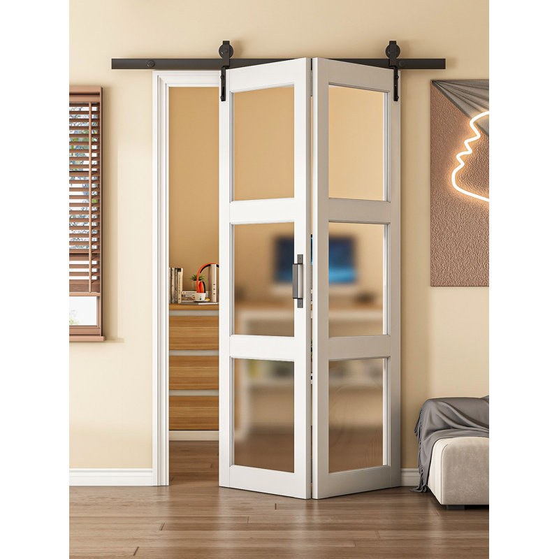 Porte de grange pliable à peindre 48 po x 84 po (verre givré double 24 po x 84 po 3) avec 3 panneaux de verre trempé givré pré-assemblés, porte de grange pliante pré-assemblée et fini blanc apprêté, ensemble de quincaillerie inclus