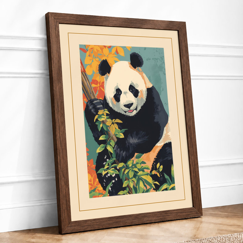 Panda with Bamboo Japandi - Framed Print, Walnut, A4 - 29.7 x 21.0 cm