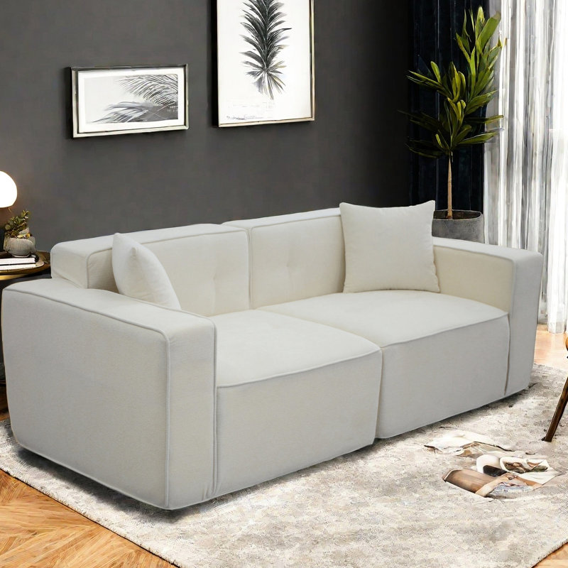 Lit moderne en velours 3 - Revêtement en lin blanc, dossier rembourré, chargement pour chambre à coucher Mid Century, Blanc