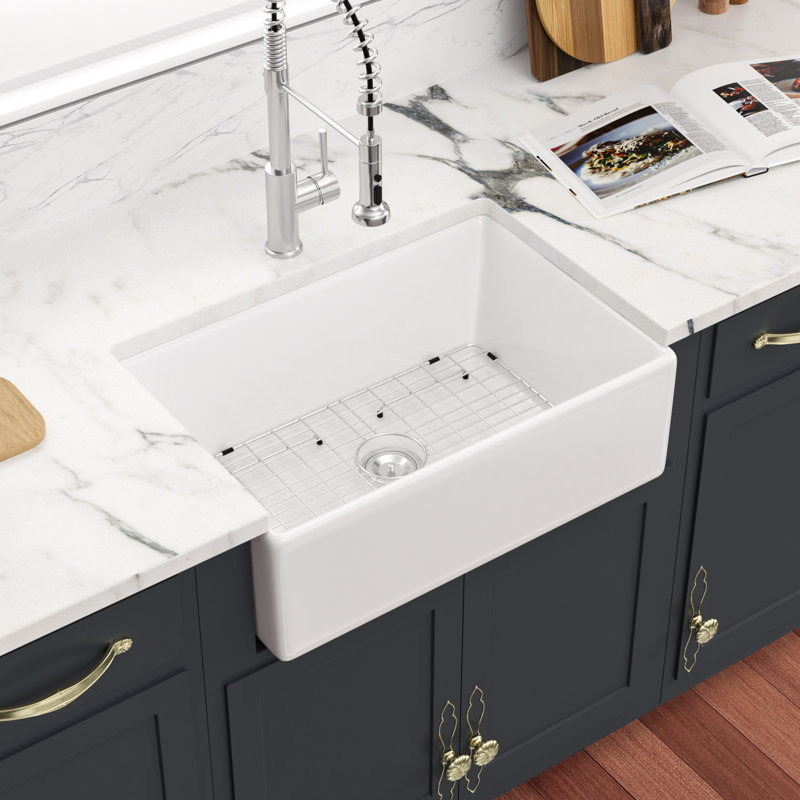 30" L White Ceramic Single Bowl Reversible Farmhouse Kitchen Sink with Sink Grid