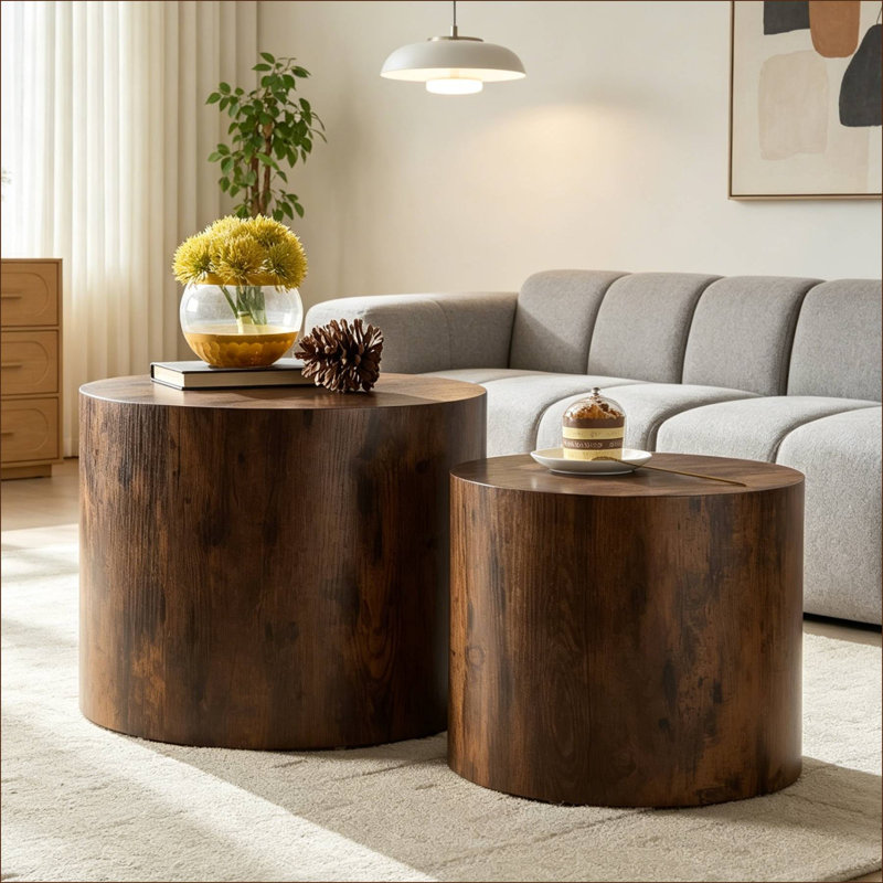 2 pièces Table basse gigogne ronde en bois aggloméré pour le salon, Grain du bois