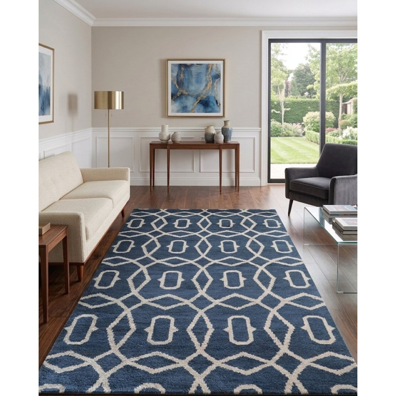 Bleu | Tapis intérieur géométrique beige en laine noué à la main, Rectangle de 5 pi x 8 pi