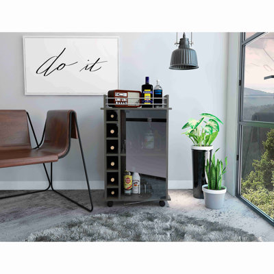 Chariot-bar, deux tablettes, six supports à vin intégrés, quatre roulettes