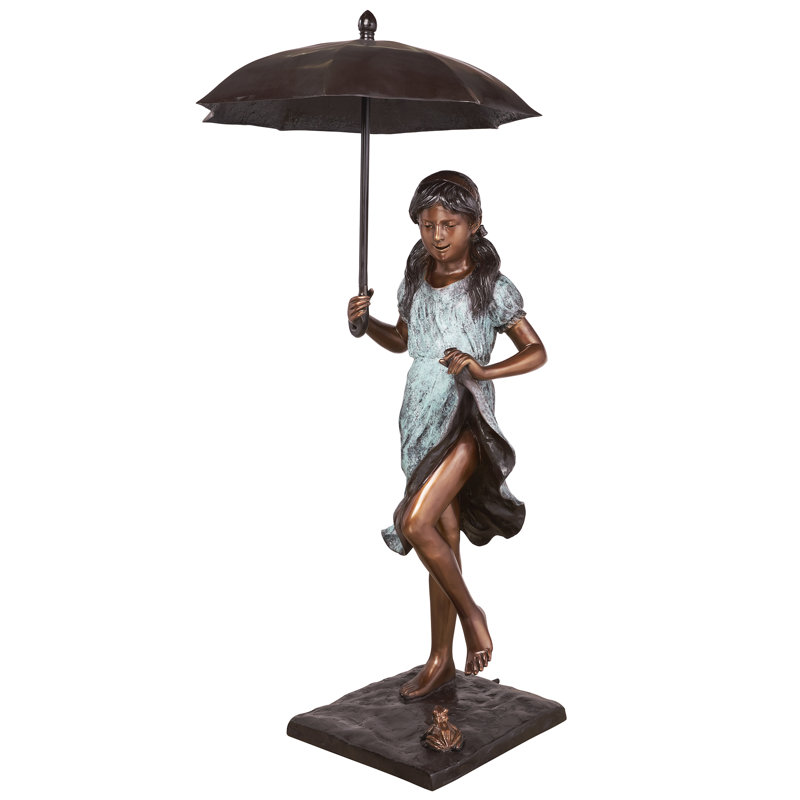 Bronze Dancing Umbrella Girl Garden Statue with Patina Finish