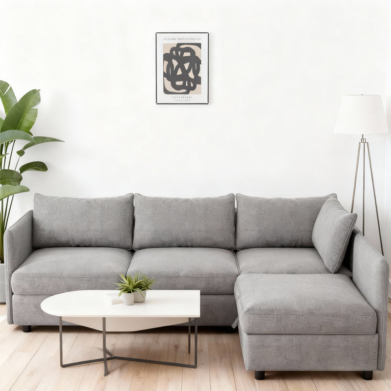 Canapé modulaire 4 places modulaire avec rangement caché, canapé convertible avec coussins moelleux, Polyester gris