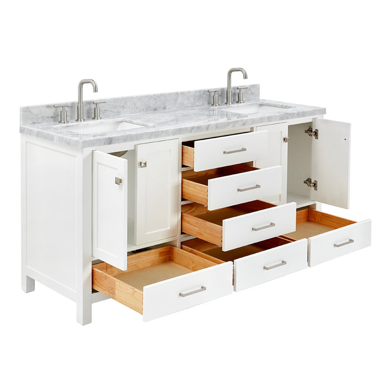 Cambridge 67'' Double Bathroom Vanity with Carrara Marble Top, White / Brushed Nickel