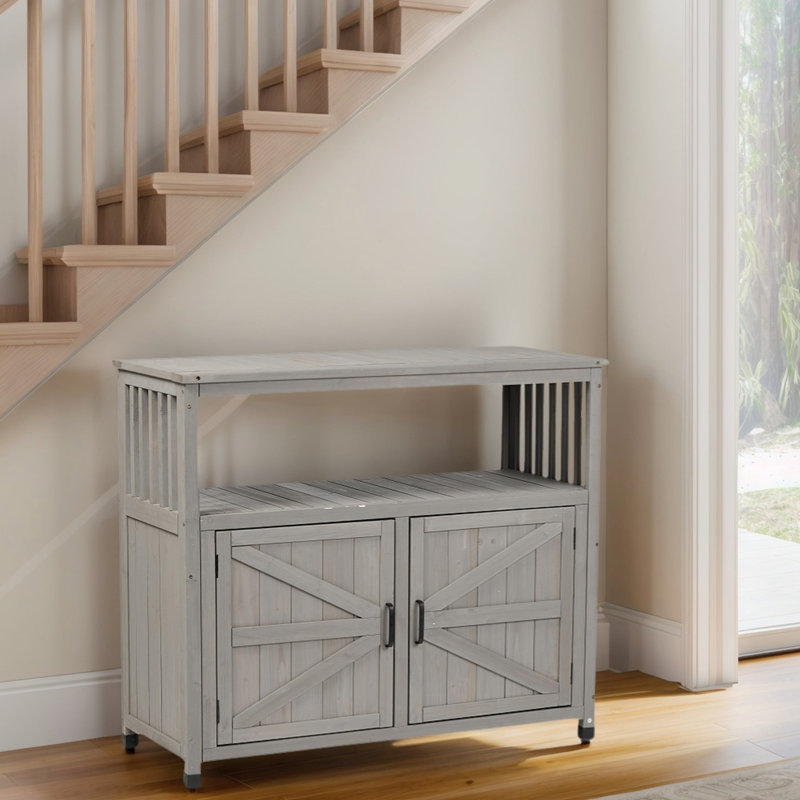 Buffet d'armoire de patio en bois de sapin massif avec table de bar d'intérieur gris, idéal pour le rangement d'outils dans les espaces de rangement, conception à lattes élégante, polyvalente et pour cour