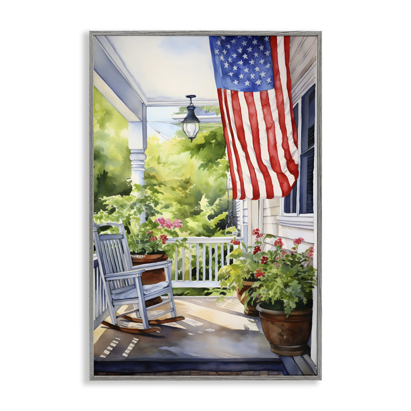 «Patriotic Summer Porch», art de la giclée encadrée par Petal Prints Design, H 30 po x l 20 po, Estampe numérique Farmhouse