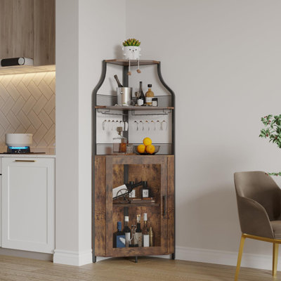 Corner Bar Cabinet with Glass Holder, Industrial Wine Cabinet with Adjustble Shelf, 5-Tiers Liquor Cabinet Bar for Home, Small Space,Black