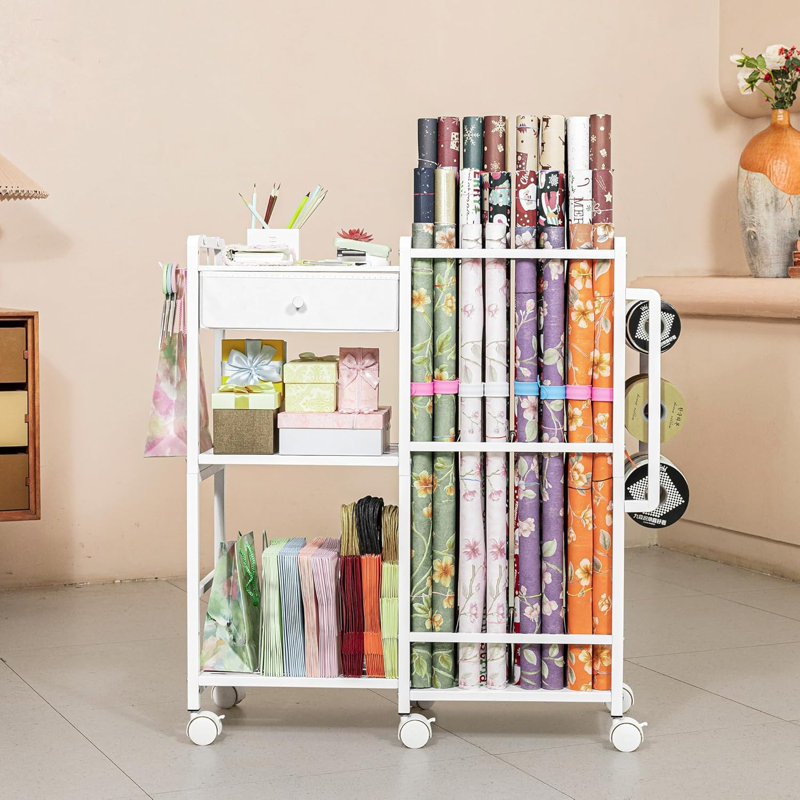 Rangement pour papier d'emballage, station à rouler les emballages cadeaux, 9 tringles réglables, blanc