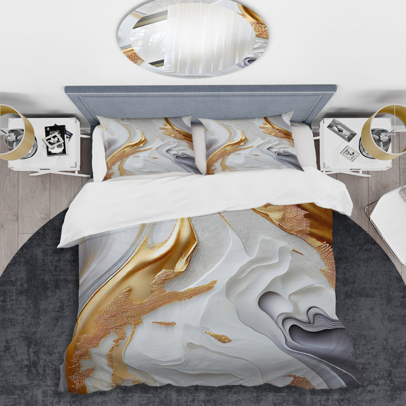 Ensemble de housse de couette moderne transitionnel blanc et doré - polyester microfibre