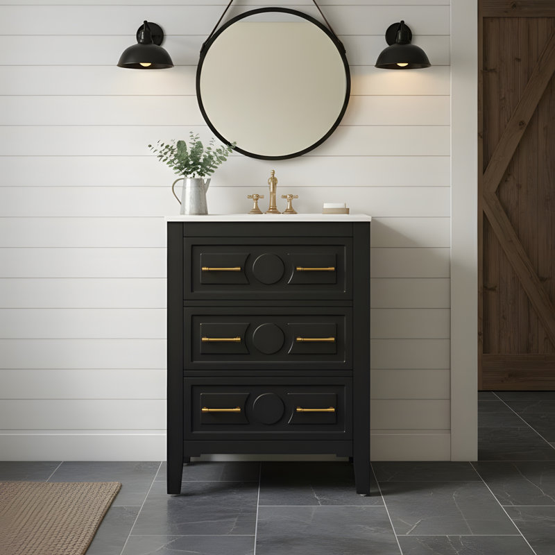 Meuble-lavabo autoportant 24 po avec lavabo en céramique et 3 tiroirs 24 po, Noir