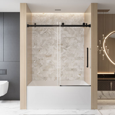 Frameless Single sliding shower door  56-60 "W x 60" H, 1/4 "(6 mm) Clear Tempered Glass, Explosion Proof Film, Stainless Steel Handle,Square Tube Track ,Matte Black