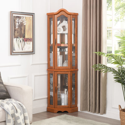 Vitrine lumineuse en verre avec tablettes trempées et réglables, rangement élégant pour la chambre à coucher en chêne