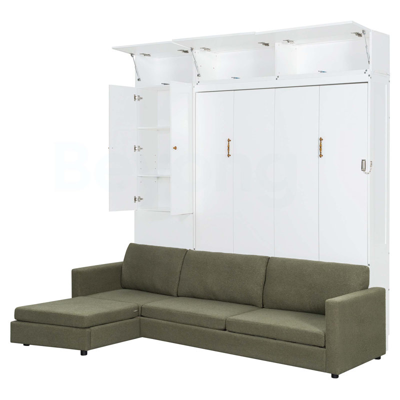 Grand lit escamotable mural avec canapé et tablettes, beige, Beige