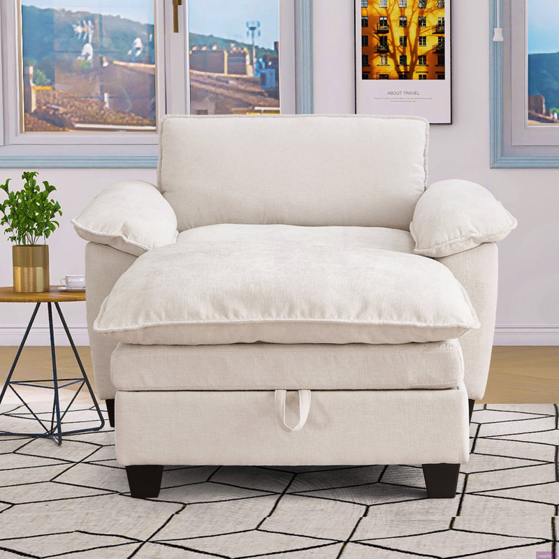 Méridienne surdimensionnée de 51 po avec repose-pieds et rangement en chenille douce beige, Beige