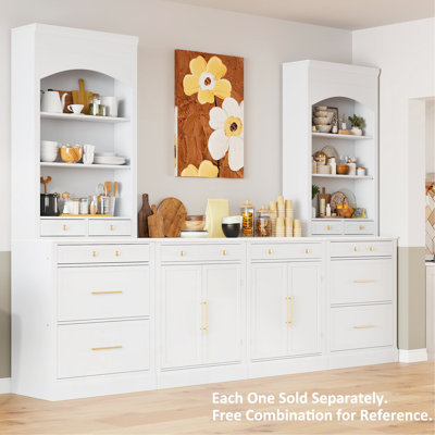 Garde-manger moderne de 83,7 pouces de hauteur, grande huche de cuisine autoportante avec plateau en faux marbre, armoire de présentation avec 5 tiroirs de rangement et tablette réglable, bleu